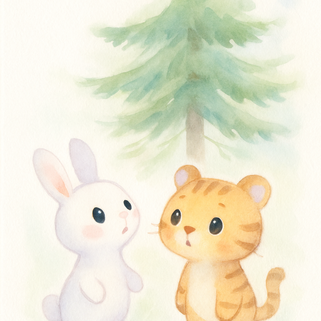 큰 소나무 앞에서 질문하는 토끼와 호랑이